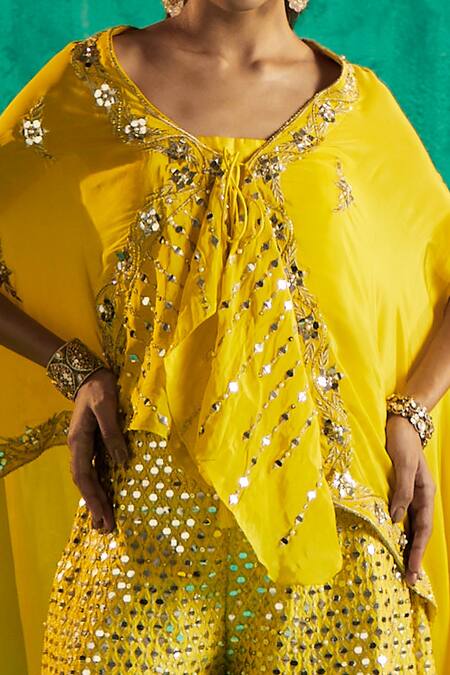 Shian_Yellow Silk Dupion Embroidered Resham Thread Cape Sharara Set With  _Online_at_Aza_Fashions