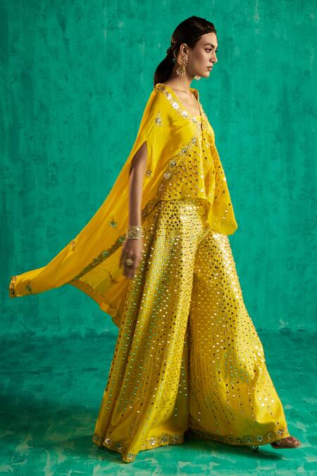 Buy_Shian_Yellow Silk Dupion Embroidered Resham Thread Cape Sharara Set With  _Online_at_Aza_Fashions