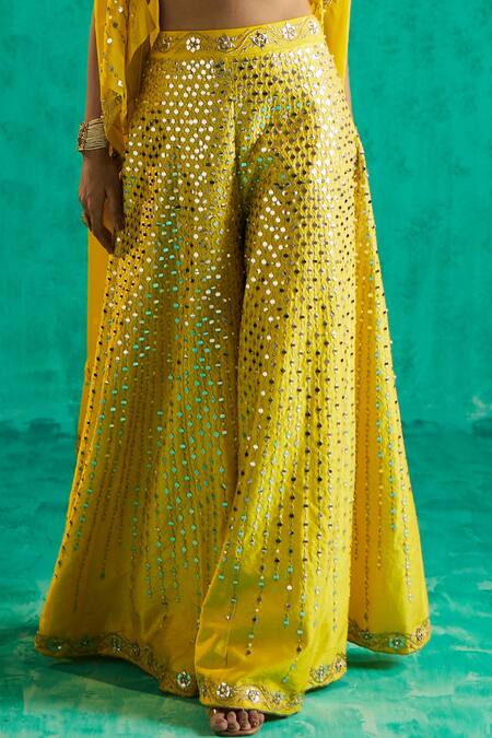 Shop_Shian_Yellow Silk Dupion Embroidered Resham Thread Cape Sharara Set With  _Online_at_Aza_Fashions