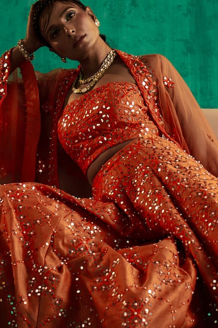 Shian_Orange Net, Silk Dupion Thread, Mirror And Pearl Work Embroidered Sharara Set _Online_at_Aza_Fashions