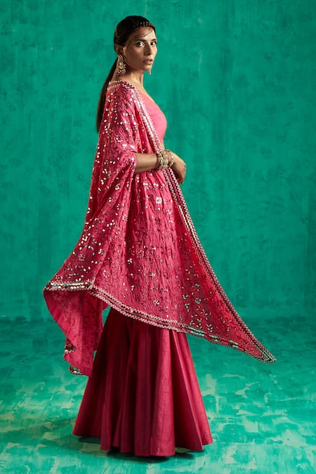 Shian_Pink Silk Dupion Embroidered Thread Cape Open Sharara Set  _Online_at_Aza_Fashions