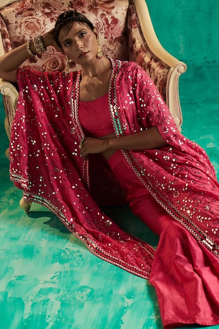Buy_Shian_Pink Silk Dupion Embroidered Thread Cape Open Sharara Set  _Online_at_Aza_Fashions