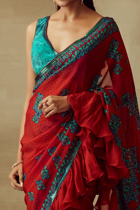 Mojo Red and Green Printed Patola Silk Saree – MySilkLove