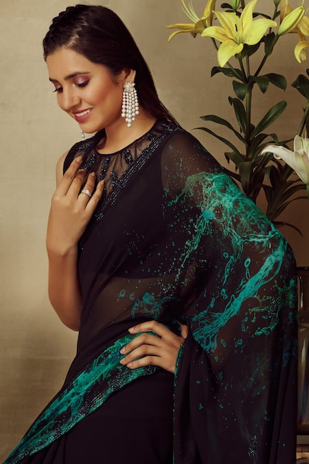 Shilpi Gupta_Black Blouse Net, Saree Pure Georgette Beads And Cutdana, Printed Border With_Online_at_Aza_Fashions