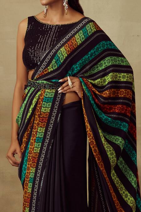 Shilpi Gupta_Multi Color Belt  Viscose Dupion, Blouse  Sequins Sheeting Striped Set_Online_at_Aza_Fashions