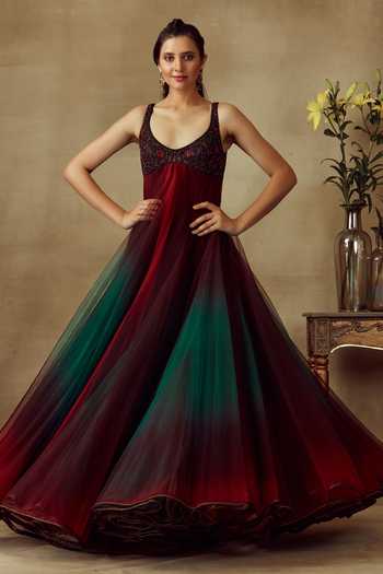 Shilpi Gupta_Red Anarkali Tulle, Churidar Lycra Net And Dupatta Ombre Sleeveless Set_Online_at_Aza_Fashions
