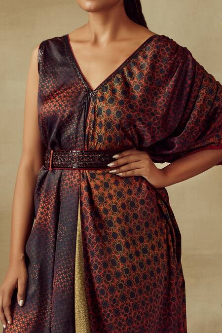 Shilpi Gupta Brown Armani Satin Printed Geometric V Neck Dress With Belt Online at Aza Fashions Shilpi Gupta_Brown Armani Satin Printed Geometric V Neck Dress With Belt _Online_at_Aza_Fashions