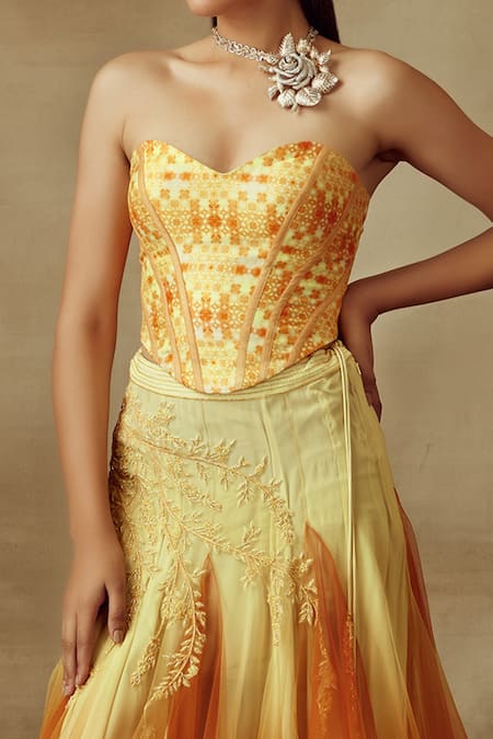 Shilpi Gupta_Yellow Skirt Net/schiffli And Corset Raw Silk Thread & Printed & Ombre Set _Online_at_Aza_Fashions