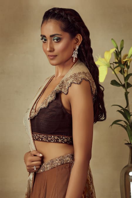 Shilpi Gupta_Brown Blouse Raw Silk, Skirt Net And Dupatta Ombre Waistband Embroidered Set_Online_at_Aza_Fashions