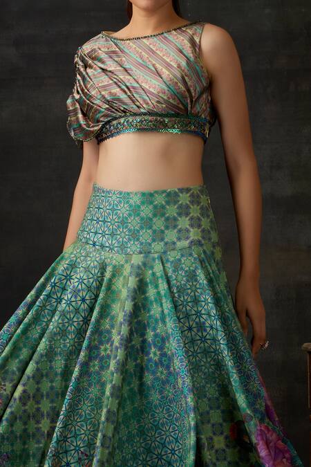 Shilpi Gupta_Green Blouse  Armani Satin, Skirt  Banana Crepe Printed And High-waisted Set_Online_at_Aza_Fashions