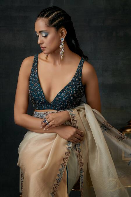 Shilpi Gupta Brown Blouse Raw , Saree Organza Beads And Ombre With Embroidered Online at Aza Fashions Shilpi Gupta_Brown Blouse Raw , Saree Organza Beads And Ombre With Embroidered _Online_at_Aza_Fashions