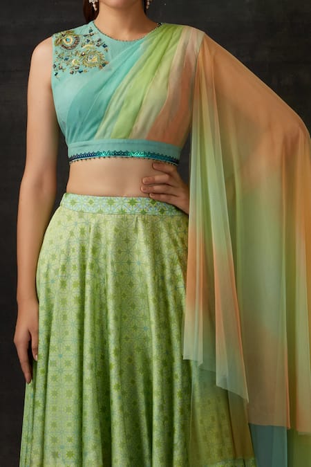 Shilpi Gupta Green Blouse Soft Net, Skirt Modal Satin Floral, Hand Embroidered And Set Online at Aza Fashions Shilpi Gupta_Green Blouse Soft Net, Skirt Modal Satin Floral, Hand Embroidered And Set _Online_at_Aza_Fashions