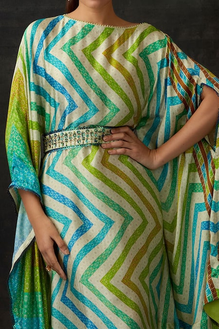 Shilpi Gupta_Multi Color Modal Satin Floral, Sequins, Beads, Chevron Printed Kaftan With Belt_Online_at_Aza_Fashions