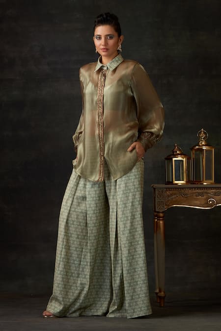 Shilpi Gupta_Green Blouse And Pant Banana Crepe, Shirt Fluid Placket Embroidered & Set _Online_at_Aza_Fashions