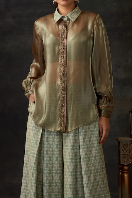 Buy_Shilpi Gupta_Green Blouse And Pant Banana Crepe, Shirt Fluid Placket Embroidered & Set _Online_at_Aza_Fashions