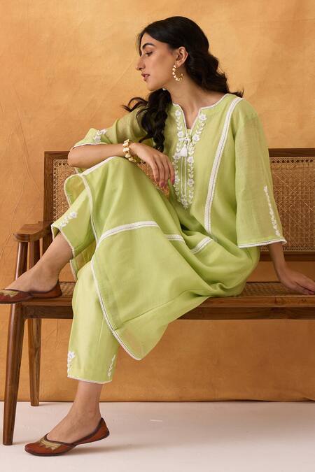 Shop_Shipraa Grover_Green Chanderi, Cotton Embroidery Round Neck Shiza Kurta And Pant Set _Online_at_Aza_Fashions