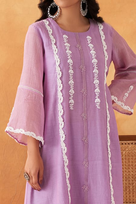Shipraa Grover_Purple Chanderi, Cotton Lace, Embroidery, Pearls Luna Resham Kurta And Pant Set _at_Aza_Fashions