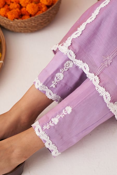 Buy_Shipraa Grover_Purple Chanderi, Cotton Lace, Embroidery, Pearls Luna Resham Kurta And Pant Set _Online_at_Aza_Fashions