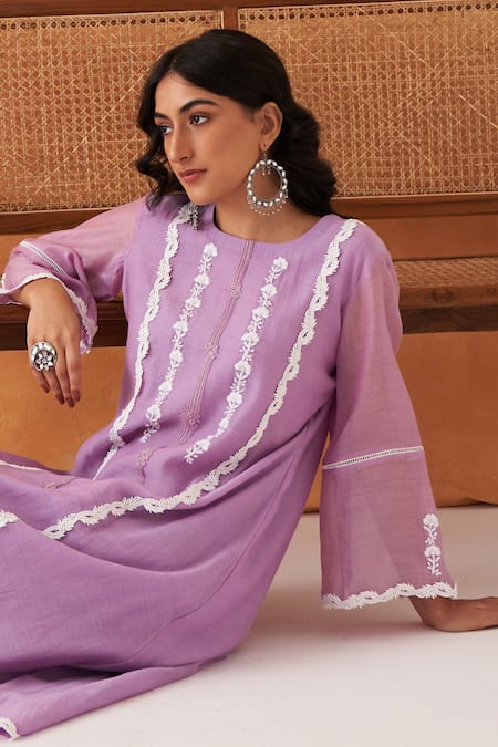 Shop_Shipraa Grover_Purple Chanderi, Cotton Lace, Embroidery, Pearls Luna Resham Kurta And Pant Set _Online_at_Aza_Fashions