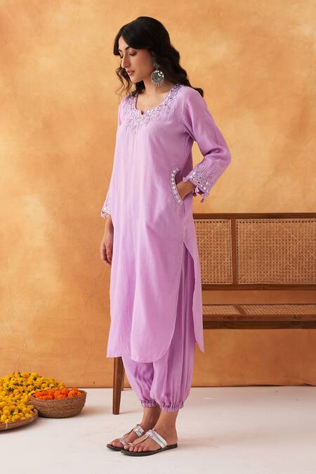 Shipraa Grover Purple Chanderi, Cotton Embroidery Round Neck Noor Kurta And Pant Set Online at Aza Fashions Shipraa Grover_Purple Chanderi, Cotton Embroidery Round Neck Noor Kurta And Pant Set _Online_at_Aza_Fashions