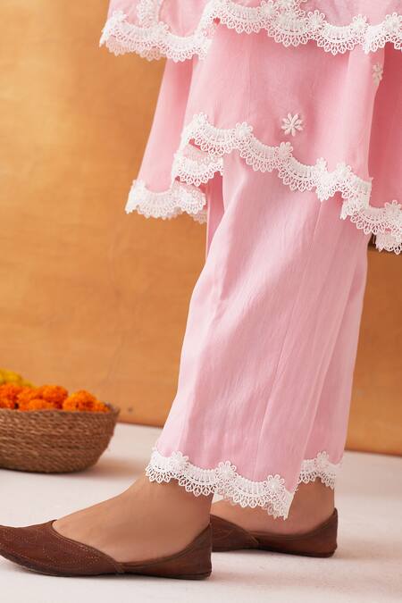 Buy_Shipraa Grover_Pink Chanderi, Muslin, Cotton Embroidery Amina Resham Tiered Kurta Pant Set _Online_at_Aza_Fashions