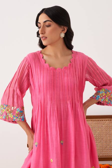 Shop Shipraa Grover Pink Chanderi Embroidery Round Neck Miha Kurta And Pant Set Online at Aza Fashions Shop_Shipraa Grover_Pink Chanderi Embroidery Round Neck Miha Kurta And Pant Set _Online_at_Aza_Fashions