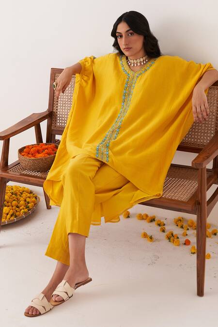 Shop Shipraa Grover Yellow Chanderi Embroidery V-neck Shia Kaftan And Pant Set Online at Aza Fashions Shop_Shipraa Grover_Yellow Chanderi Embroidery V-neck Shia Kaftan And Pant Set _Online_at_Aza_Fashions