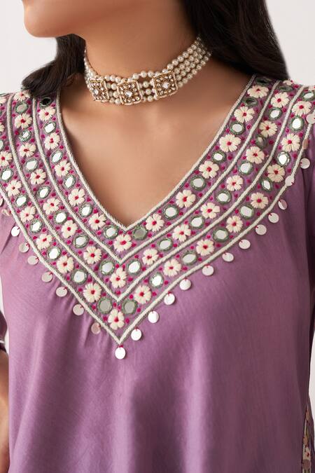 Shipraa Grover_Purple Chanderi Mirrors, Sequins V-neck Aaliyah Asymmetrical Kurta Pant Set _at_Aza_Fashions