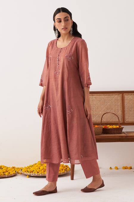 Buy Shipraa Grover Pink Chanderi Embroidery Round Neck Maya A-line Kurta And Pant Set Online at Aza Fashions Buy_Shipraa Grover_Pink Chanderi Embroidery Round Neck Maya A-line Kurta And Pant Set _Online_at_Aza_Fashions
