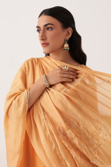 Shipraa Grover_Orange Chanderi Embroidery, Sequins Round Neck Alara Zari Kurta Pant Set _at_Aza_Fashions