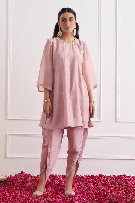 Shipraa Grover_Pink Chanderi, Organza Pearls, Sequins, Embroidery Round Amaya Dhoti Pant Set _Online_at_Aza_Fashions
