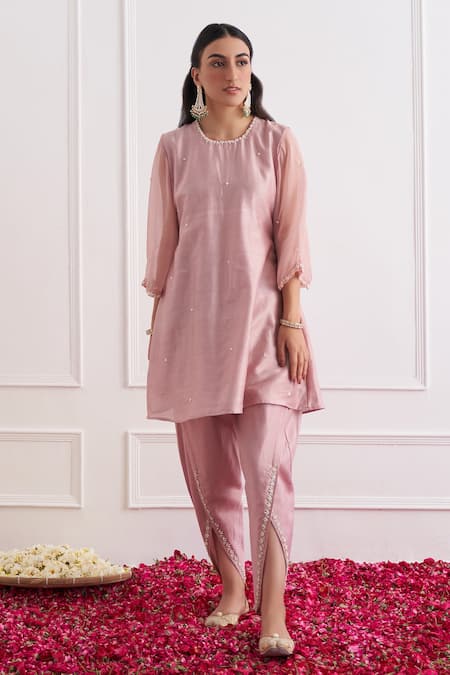 Buy_Shipraa Grover_Pink Chanderi, Organza Pearls, Sequins, Embroidery Round Amaya Dhoti Pant Set _Online_at_Aza_Fashions