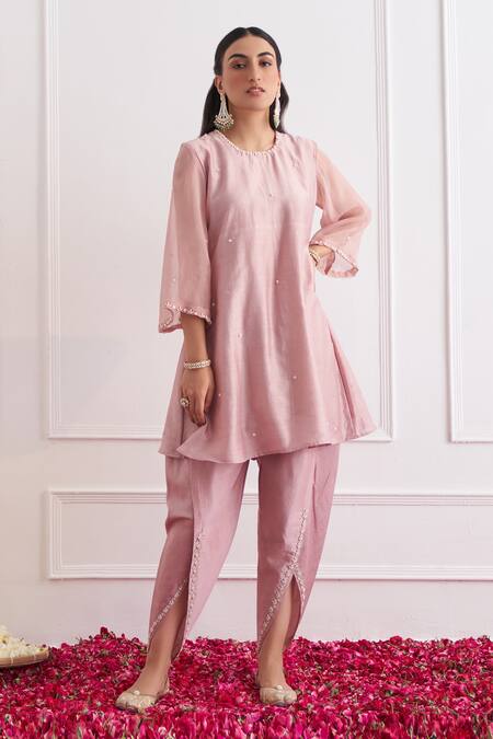Shop_Shipraa Grover_Pink Chanderi, Organza Pearls, Sequins, Embroidery Round Amaya Dhoti Pant Set _Online_at_Aza_Fashions