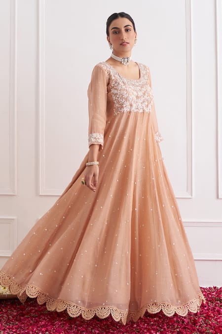 Buy Shipraa Grover Beige Cotton Embroidery Round Neck Nora Anarkali Set Online at Aza Fashions Buy_Shipraa Grover_Beige Cotton Embroidery Round Neck Nora Anarkali Set _Online_at_Aza_Fashions