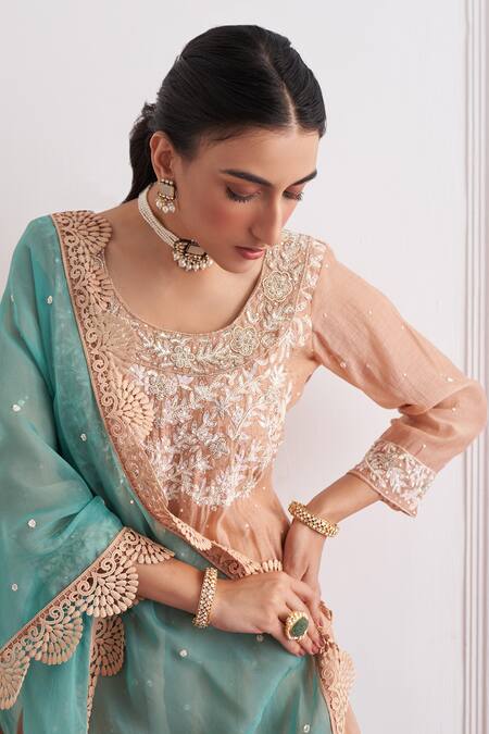 Shipraa Grover Beige Cotton Embroidery Round Neck Nora Anarkali Set at Aza Fashions Shipraa Grover_Beige Cotton Embroidery Round Neck Nora Anarkali Set _at_Aza_Fashions