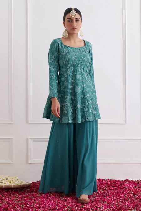 Shipraa Grover Green Chanderi, Georgette Embroidery Square Neck Safira Kurta Sharara Set Online at Aza Fashions Shipraa Grover_Green Chanderi, Georgette Embroidery Square Neck Safira Kurta Sharara Set _Online_at_Aza_Fashions