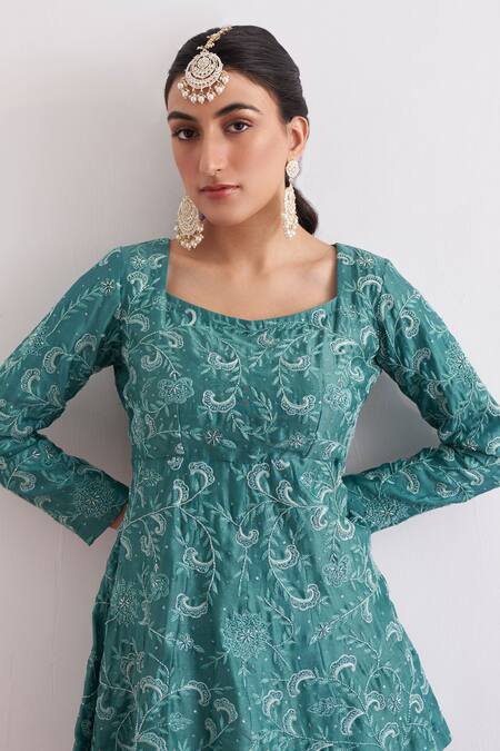 Shop Shipraa Grover Green Chanderi, Georgette Embroidery Square Neck Safira Kurta Sharara Set Online at Aza Fashions Shop_Shipraa Grover_Green Chanderi, Georgette Embroidery Square Neck Safira Kurta Sharara Set _Online_at_Aza_Fashions