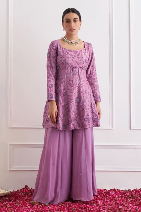 Shipraa Grover_Purple Chanderi, Georgette Embroidery, Zari Inara Zardozi Kurta Sharara Set _Online_at_Aza_Fashions