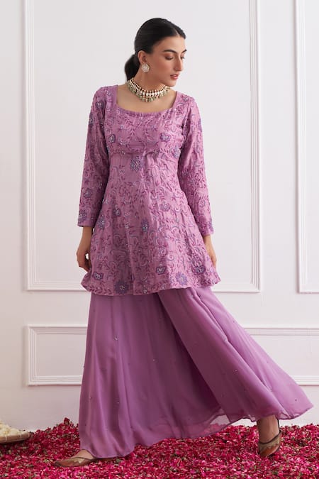 Buy_Shipraa Grover_Purple Chanderi, Georgette Embroidery, Zari Inara Zardozi Kurta Sharara Set _Online_at_Aza_Fashions