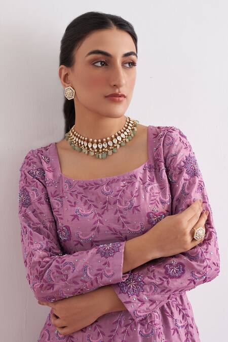 Shop_Shipraa Grover_Purple Chanderi, Georgette Embroidery, Zari Inara Zardozi Kurta Sharara Set _Online_at_Aza_Fashions