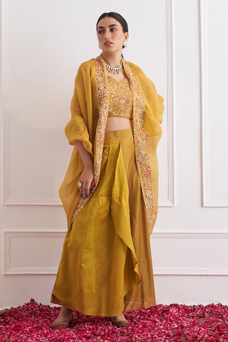 Buy_Shipraa Grover_Yellow Chanderi, Organza Tassels, Embroidery V-neck Floral Cape And Skirt Set _Online_at_Aza_Fashions