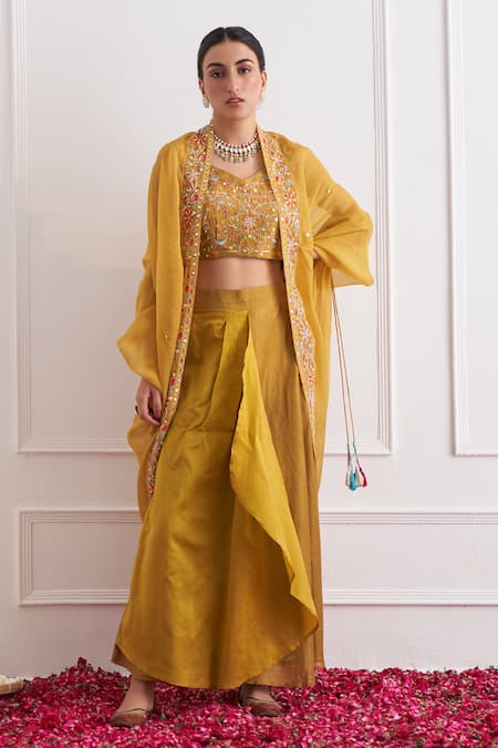 Shop_Shipraa Grover_Yellow Chanderi, Organza Tassels, Embroidery V-neck Floral Cape And Skirt Set _Online_at_Aza_Fashions