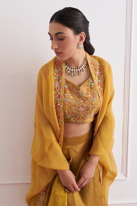 Shipraa Grover_Yellow Chanderi, Organza Tassels, Embroidery V-neck Floral Cape And Skirt Set _at_Aza_Fashions