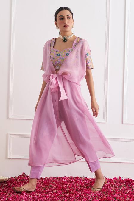 Buy_Shipraa Grover_Purple Chanderi, Organza Embroidery Sweetheart Neck Zaira Cape And Pant Set _Online_at_Aza_Fashions