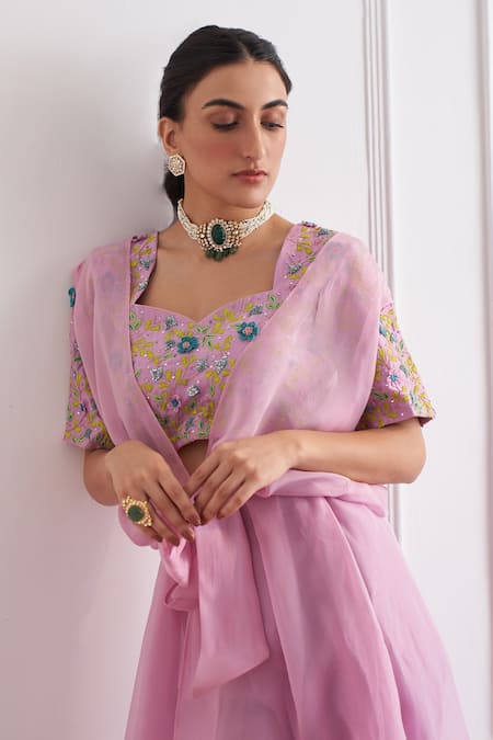 Shop_Shipraa Grover_Purple Chanderi, Organza Embroidery Sweetheart Neck Zaira Cape And Pant Set _Online_at_Aza_Fashions