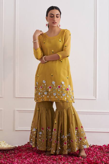 Shipraa Grover_Yellow Chanderi, Organza, Tissue Sequins, Embroidery Adira Kurta Gharara Set_Online_at_Aza_Fashions