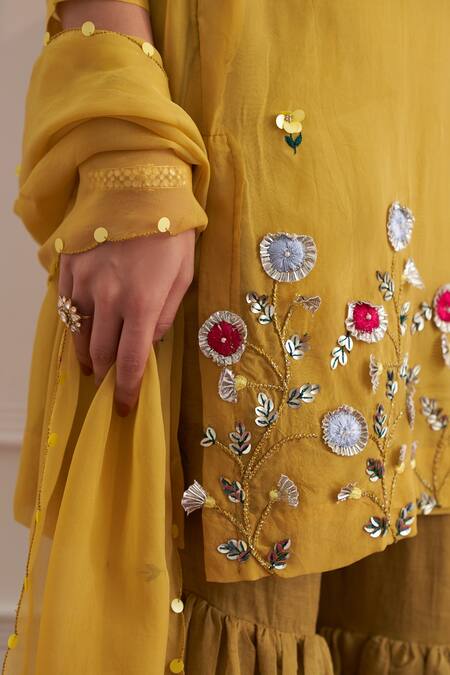 Shop_Shipraa Grover_Yellow Chanderi, Organza, Tissue Sequins, Embroidery Adira Kurta Gharara Set_Online_at_Aza_Fashions