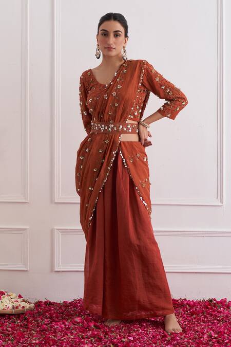 Shipraa Grover_Brown Chanderi, Tissue Zari, Sequins Scoop Gul Zardozi Embroidered Sharara Set _Online_at_Aza_Fashions