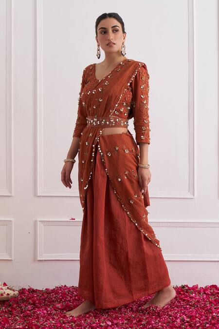 Buy_Shipraa Grover_Brown Chanderi, Tissue Zari, Sequins Scoop Gul Zardozi Embroidered Sharara Set _Online_at_Aza_Fashions
