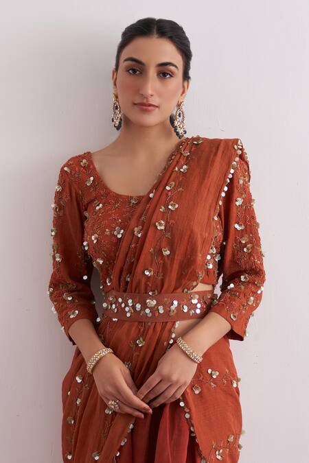 Shop_Shipraa Grover_Brown Chanderi, Tissue Zari, Sequins Scoop Gul Zardozi Embroidered Sharara Set _Online_at_Aza_Fashions